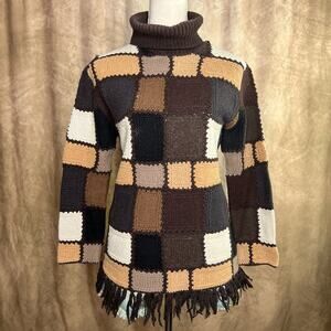 Vintage 90s Patchwork Fringe Sweater Knit Oversized Earthy Hippie Peasant Boho